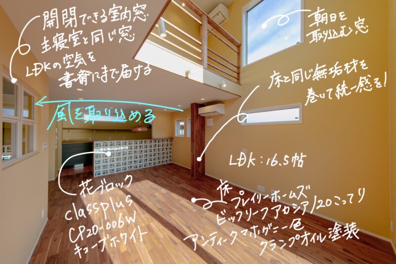 3.5帖の吹き抜けのあるリビングには朝日が差し込む大きなFIX窓。袖壁には床材と同じ無垢材を巻いて統一感を。キッチンの腰壁には花ブロックを用いて華やかに。内装用の花ブロックで200角のキューブホワイト（CP20-009-W）を採用。向きは統一せずにお客様と一緒に現場で決めて施工しています。