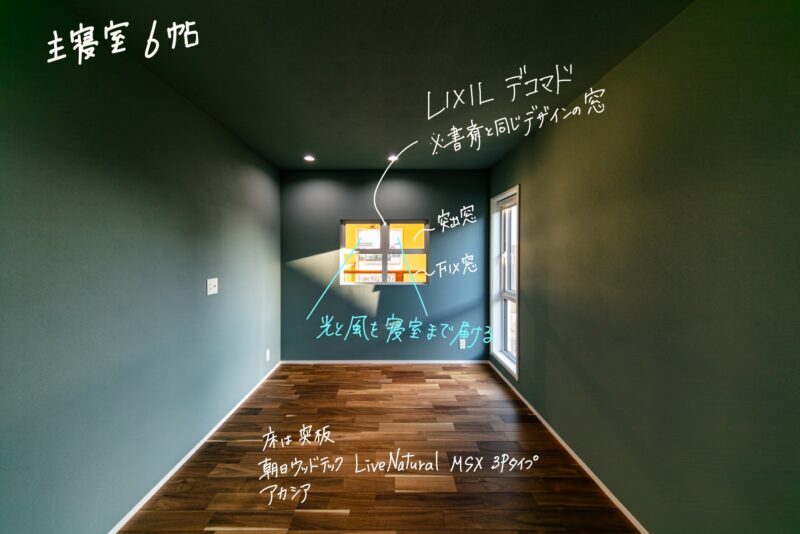 室内窓を設けた主寝室。床は突板を採用。１階LDKは無垢のアカシアを採用していますが、２階は突板を。節のないアカシアの床です。室内窓はリクシルのデコマドを採用。上の段は突出、下の段はFIXの窓で書斎で採用したデザインと同じなので統一感があります。